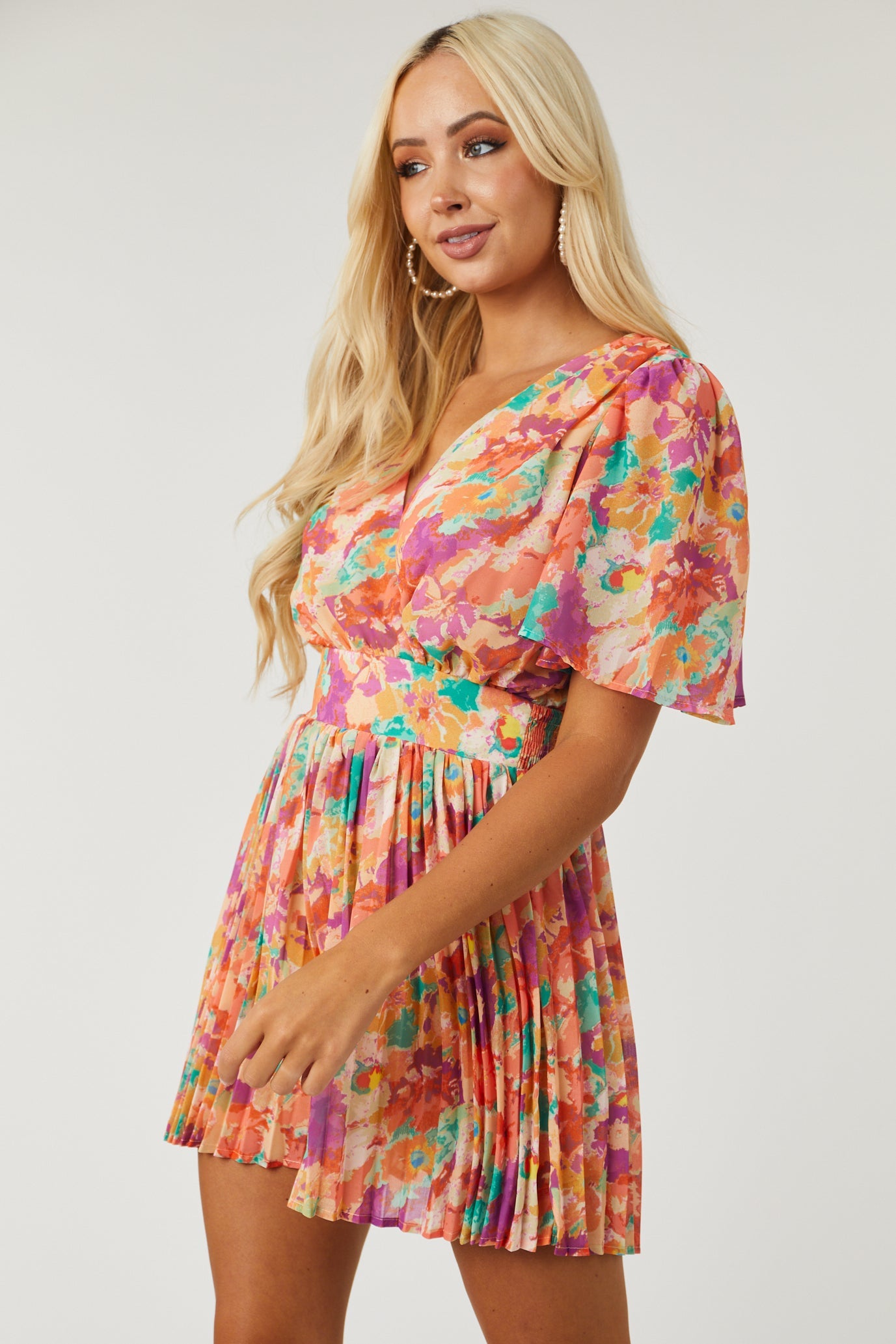 Multicolor Floral Flutter Sleeve Pleated Romper