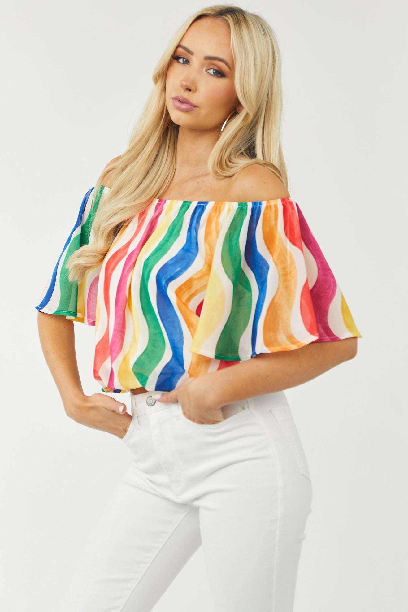 Multicolor Printed Off the Shoulder Blouse
