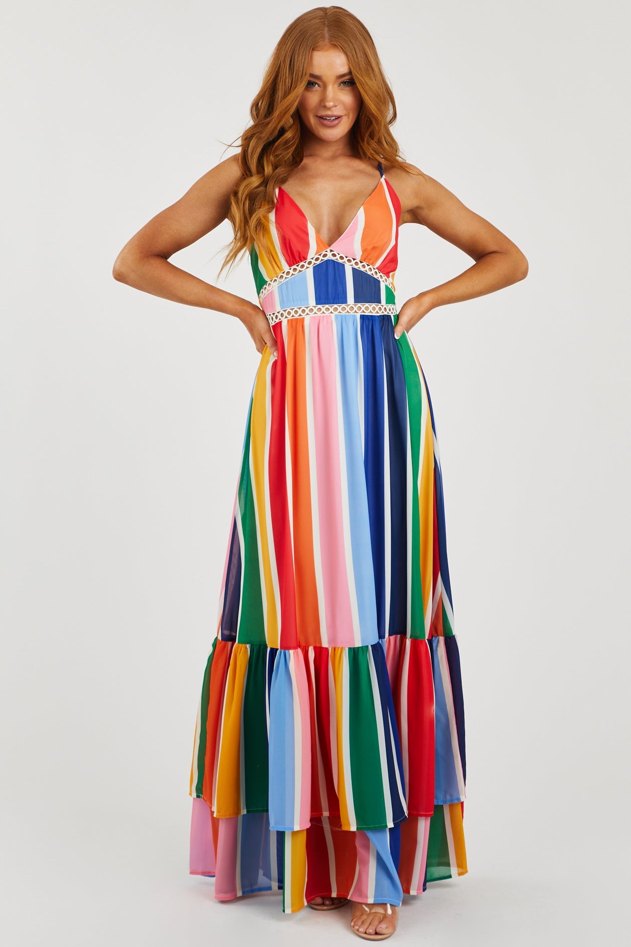 Multicolor Striped Sleeveless Tiered Maxi Dress