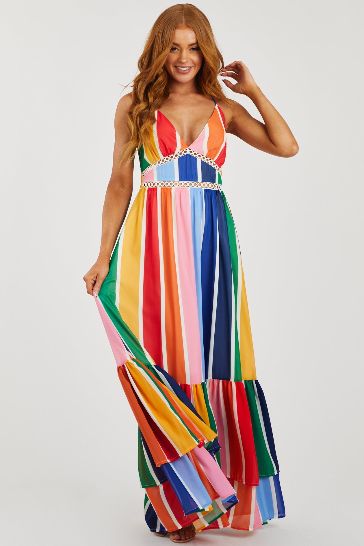 Multicolor Striped Sleeveless Tiered Maxi Dress