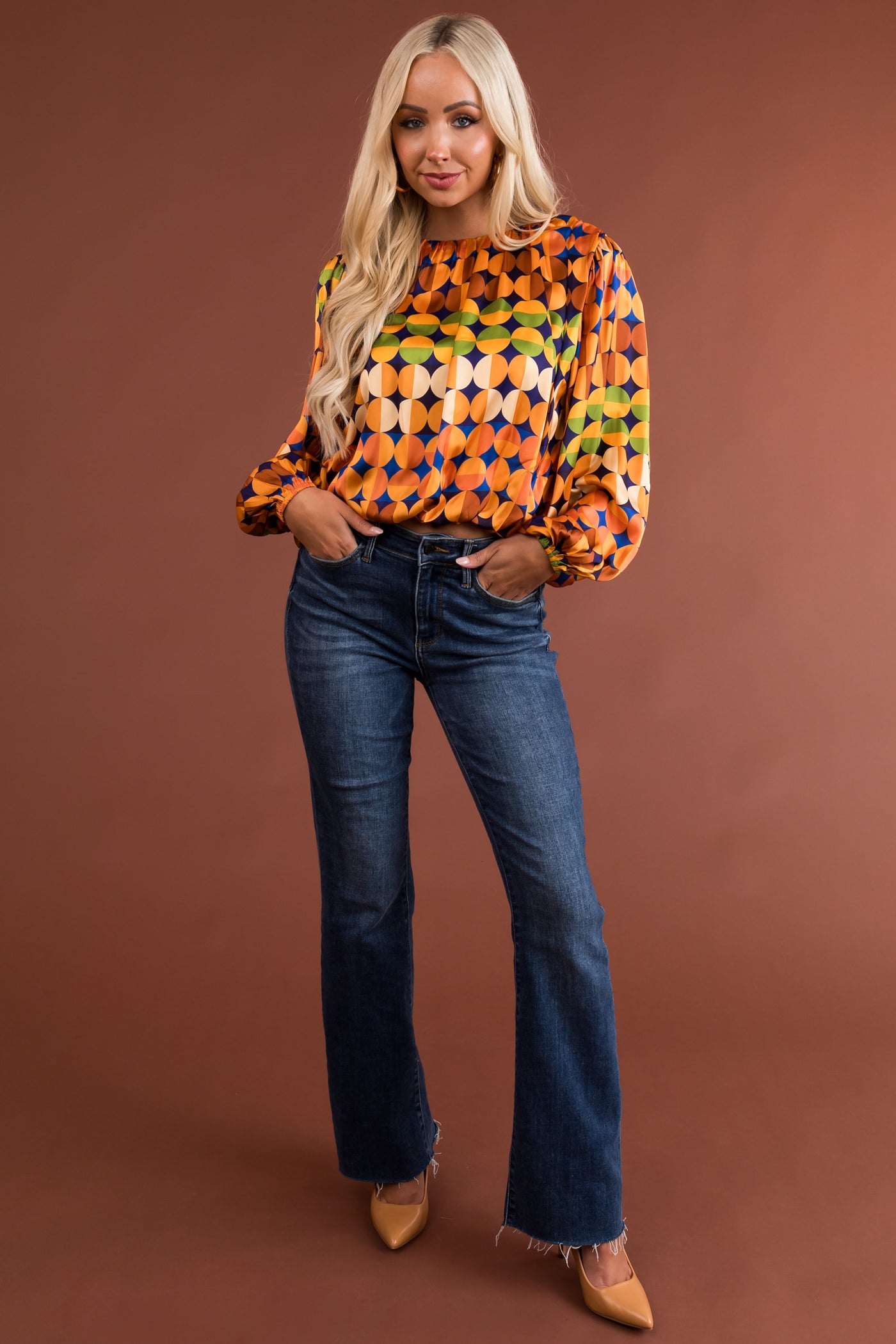 Mustard Abstract Print Woven Long Sleeve Top