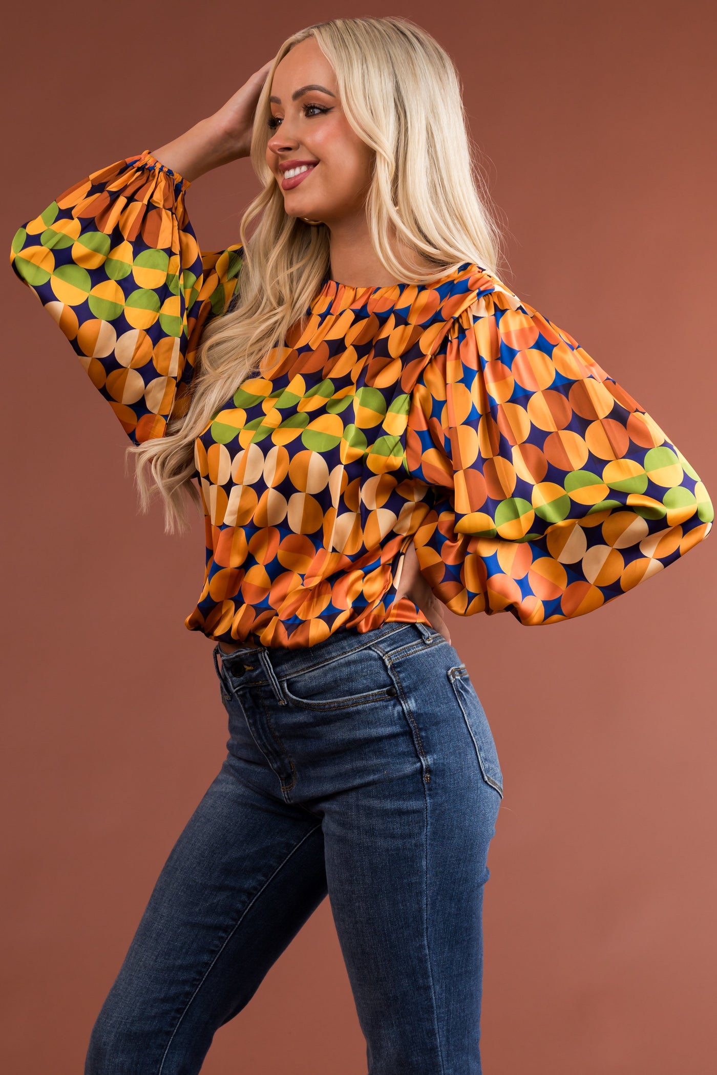 Mustard Abstract Print Woven Long Sleeve Top