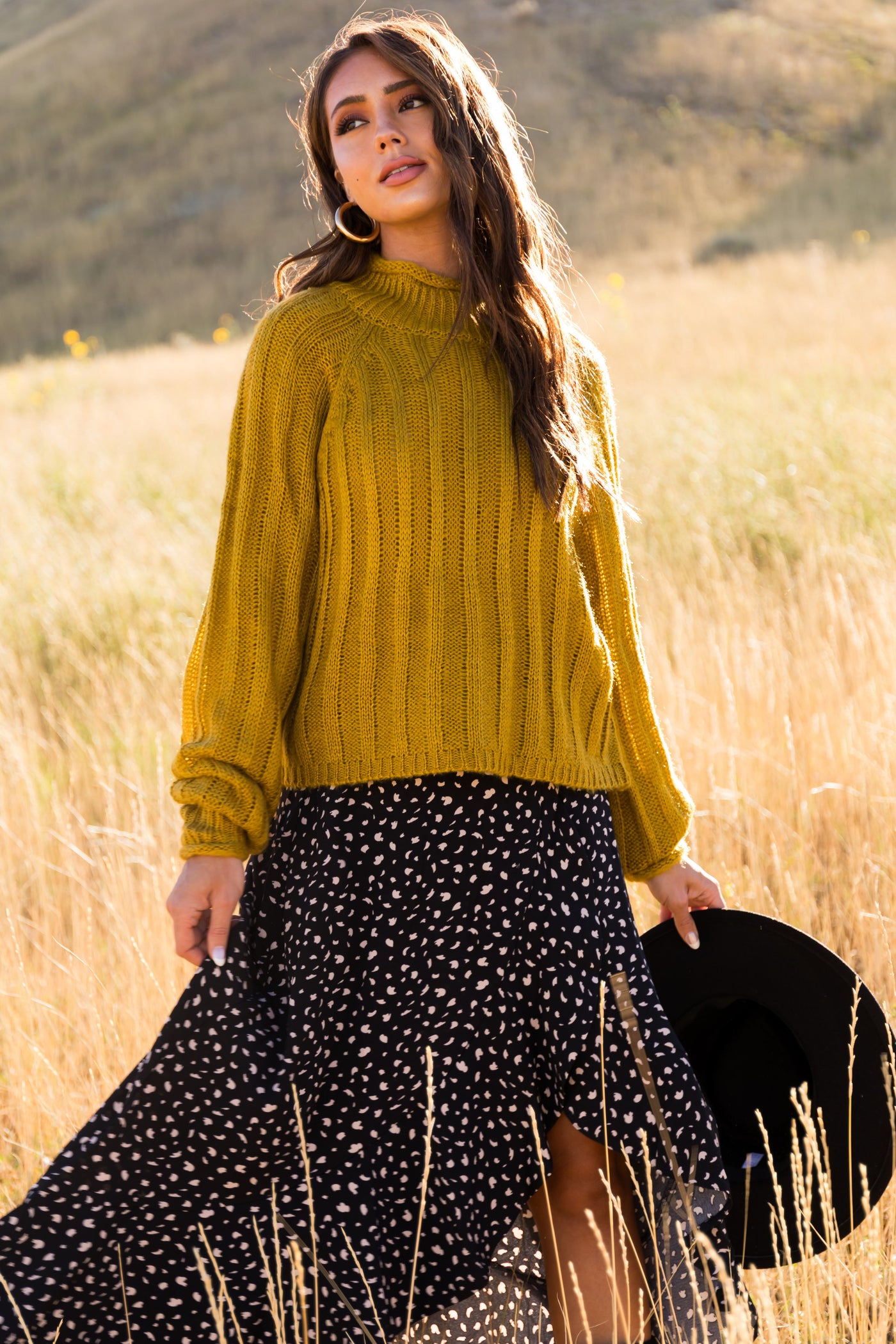 Mustard Ribbed High Neck Raglan Sweater
