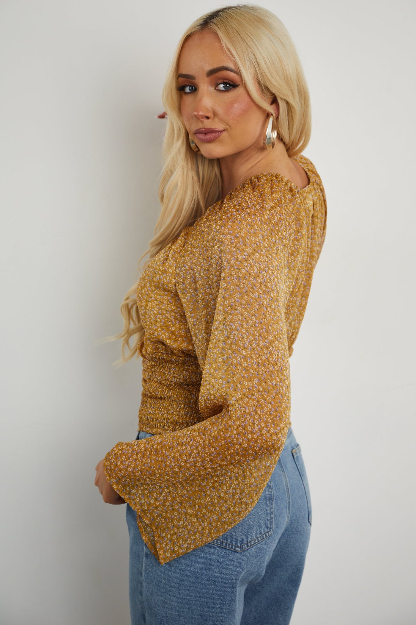 Mustard Tiny Floral Ruched and Smocked Blouse