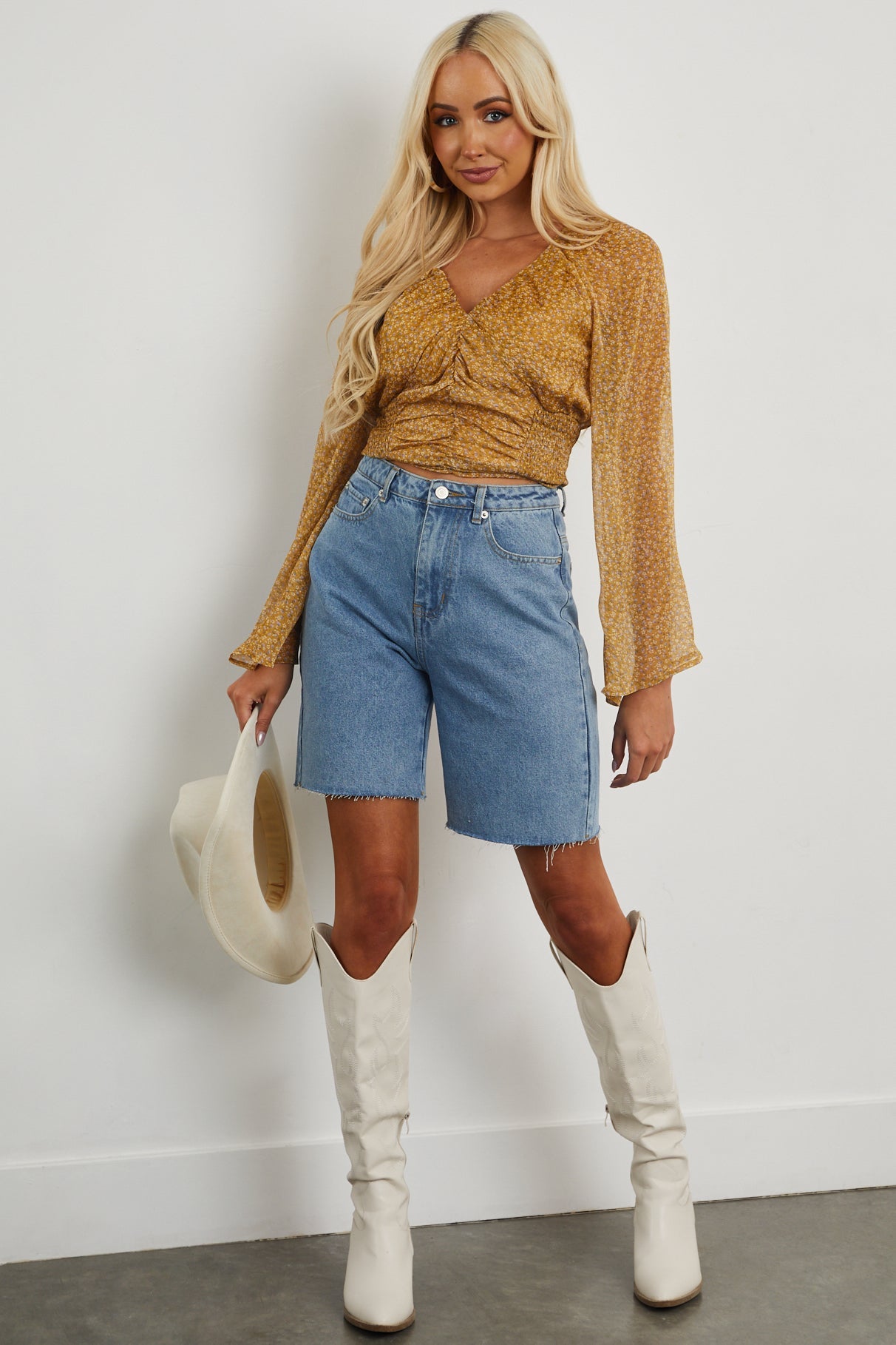 Mustard Tiny Floral Ruched and Smocked Blouse