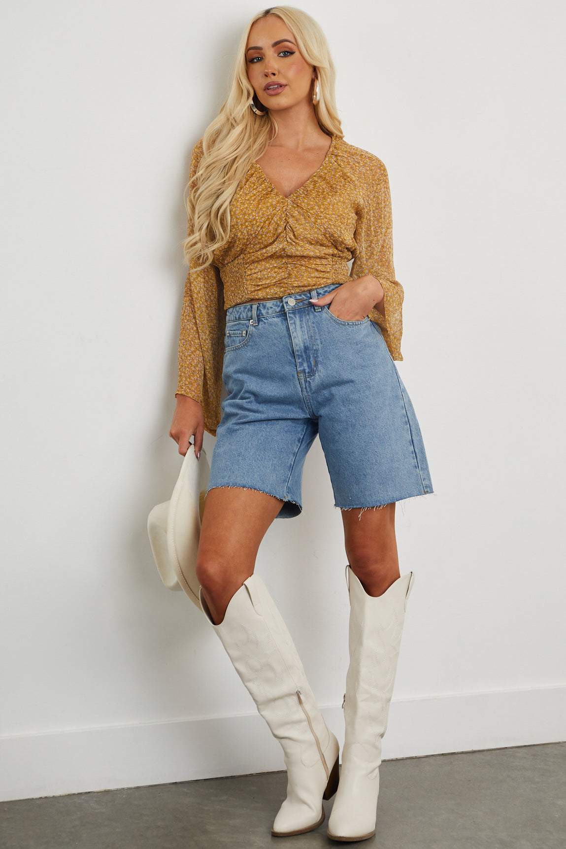 Mustard Tiny Floral Ruched and Smocked Blouse