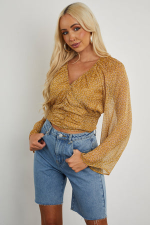 Mustard Tiny Floral Ruched and Smocked Blouse