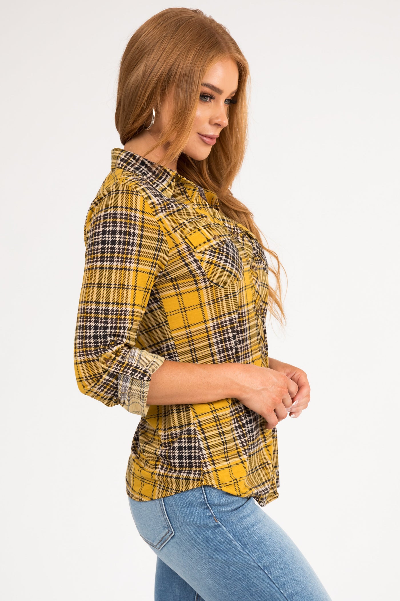 Mustard and Black Plaid Top with Chest Pocket