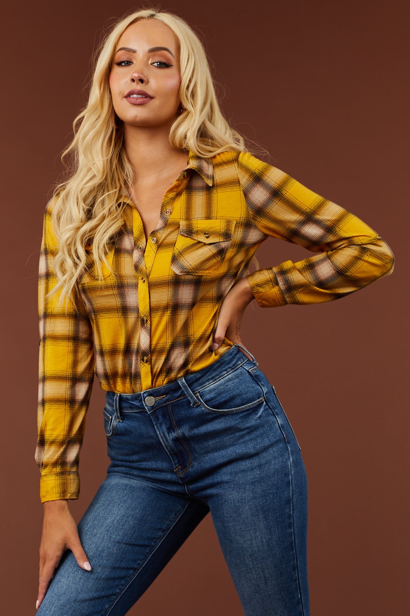 Mustard and Sand Plaid Top with Chest Pocket