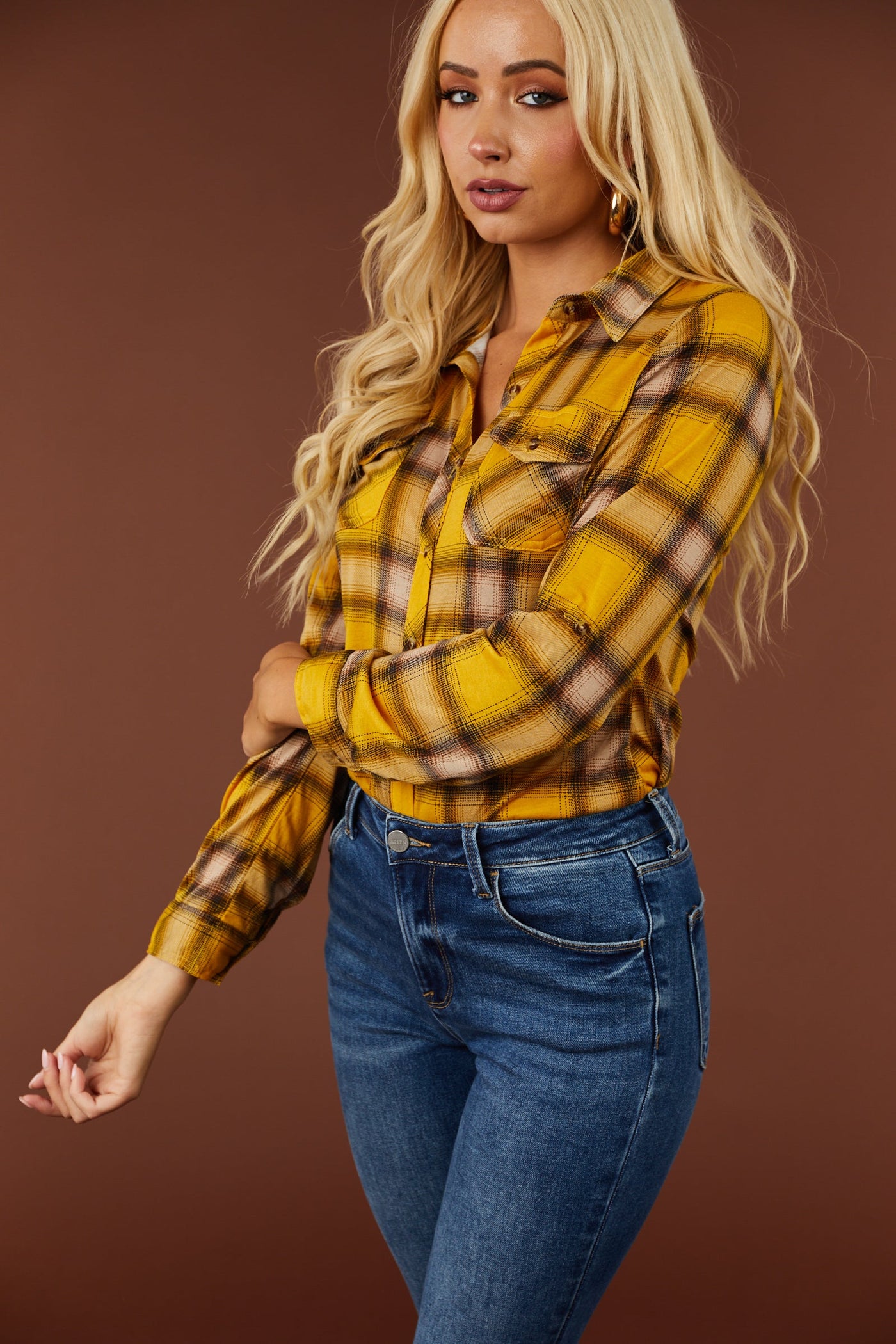 Mustard and Sand Plaid Top with Chest Pocket