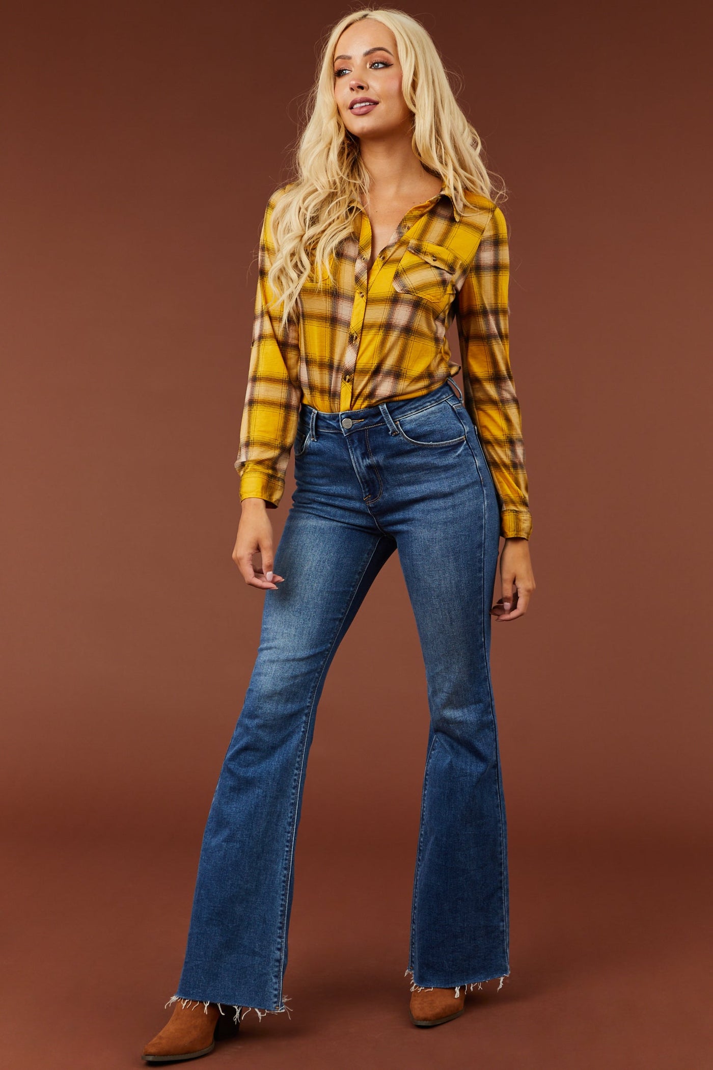 Mustard and Sand Plaid Top with Chest Pocket