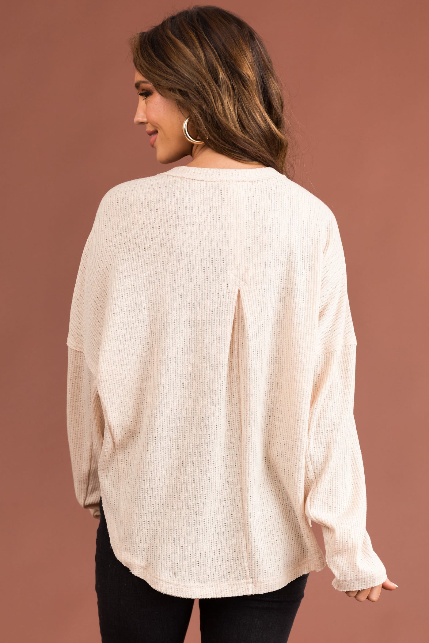Natural Textured Knit Long Sleeve Henley Top