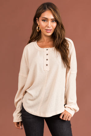 Natural Textured Knit Long Sleeve Henley Top