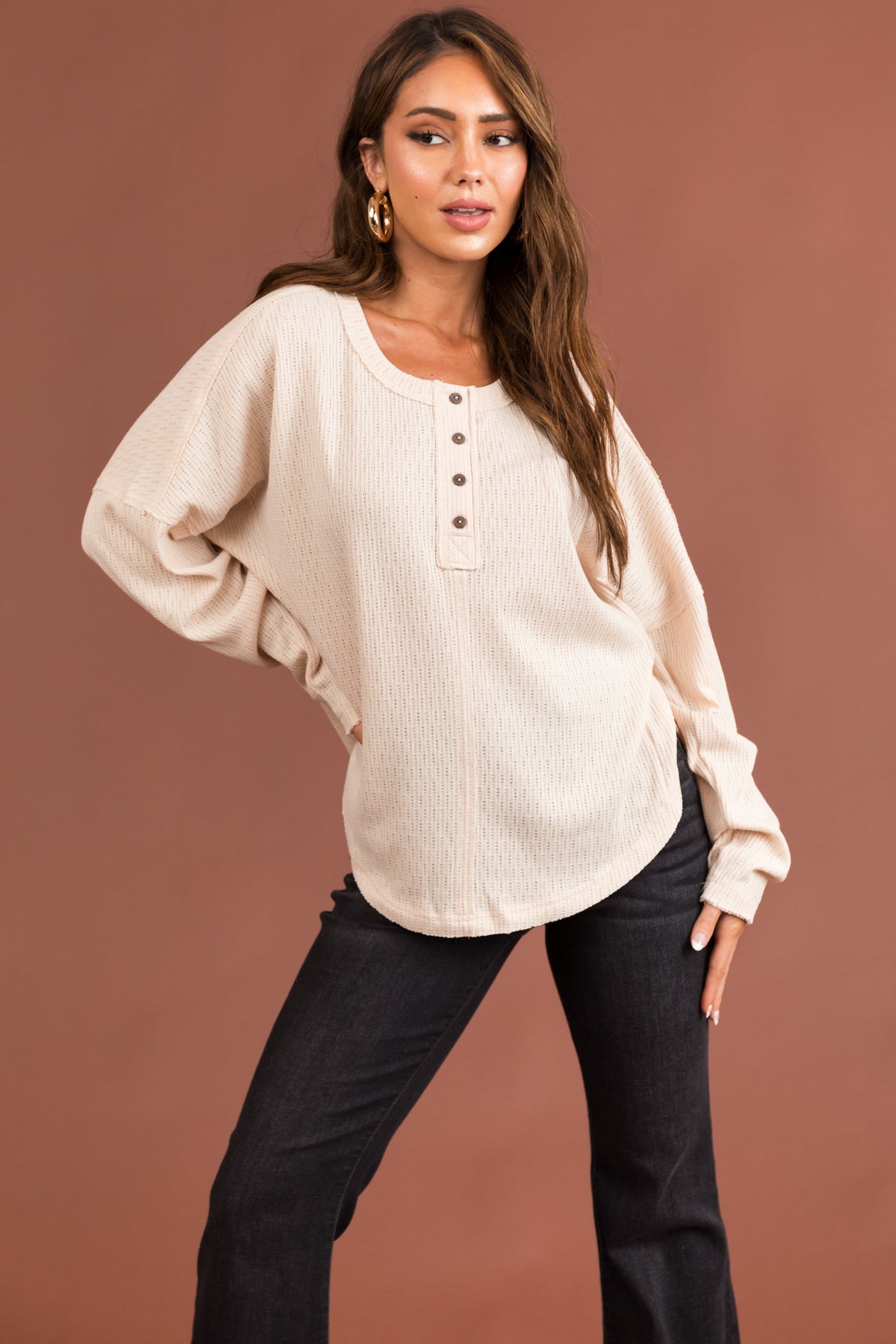 Natural Textured Knit Long Sleeve Henley Top