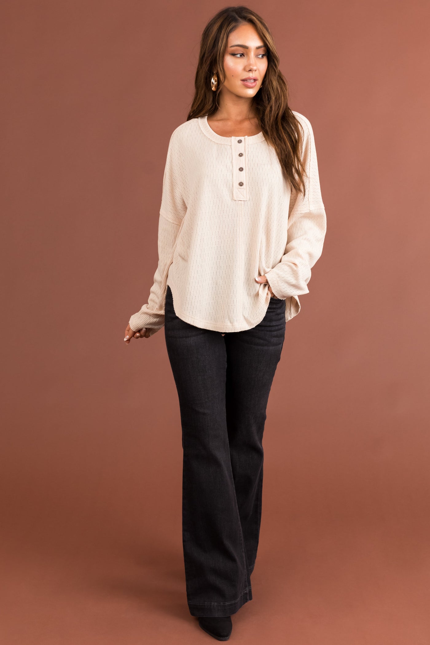 Natural Textured Knit Long Sleeve Henley Top