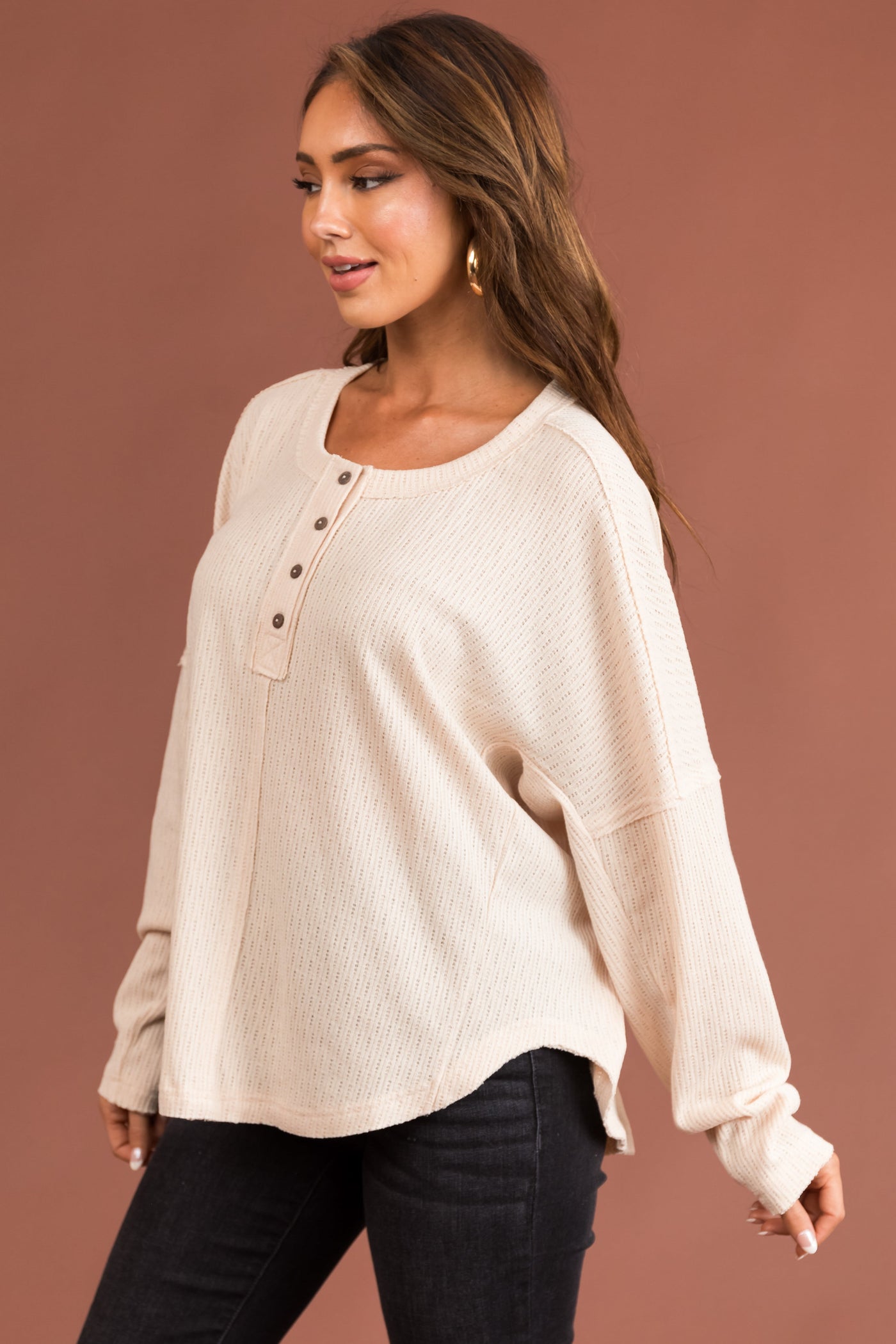 Natural Textured Knit Long Sleeve Henley Top