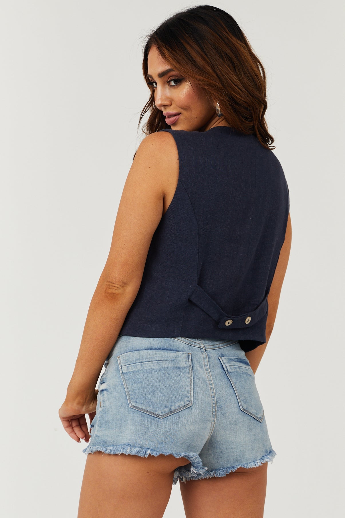 Navy Button Down V Neck Linen Vest