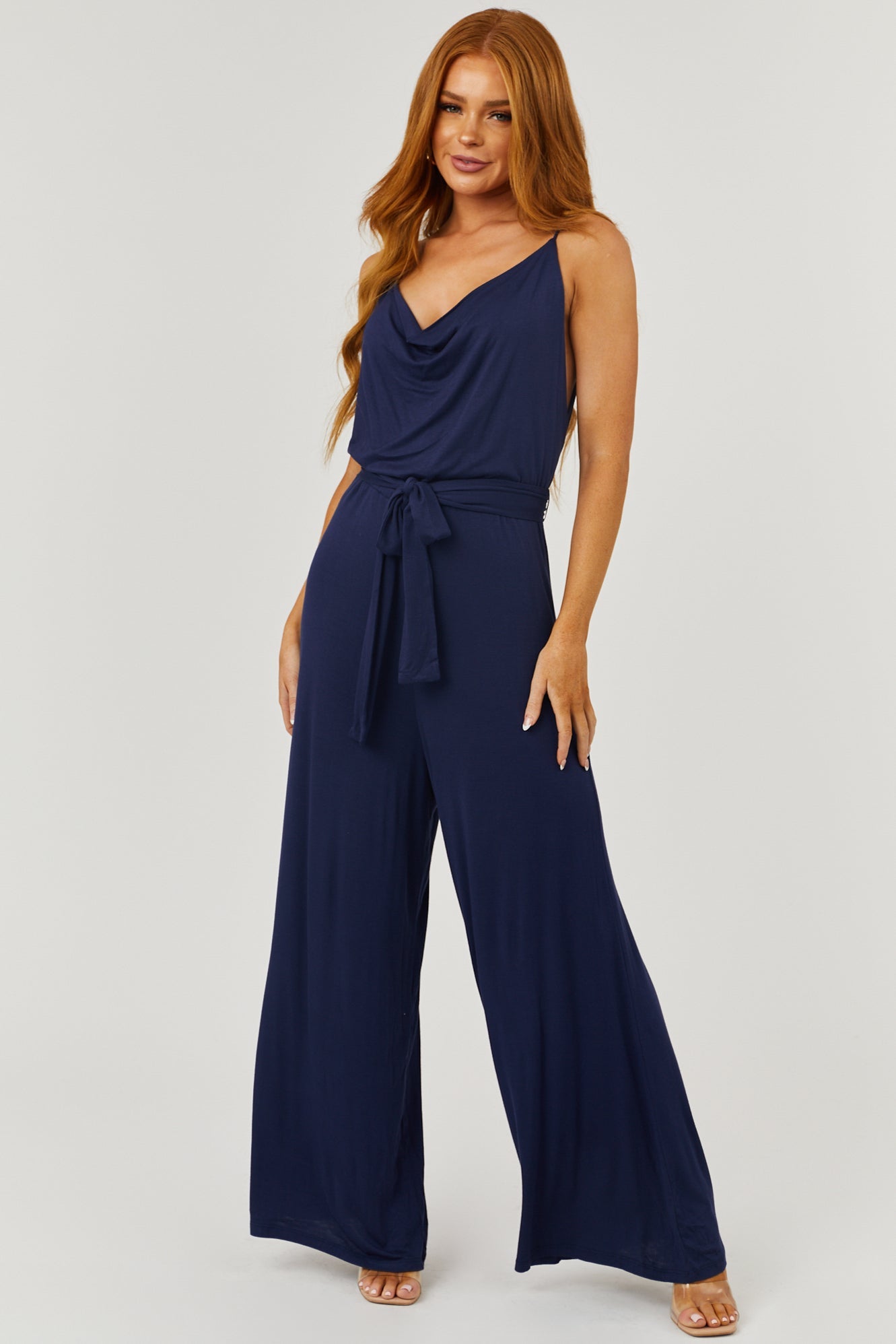 Navy Cowl Neck Sleeveless Wide Leg Jumpsuit