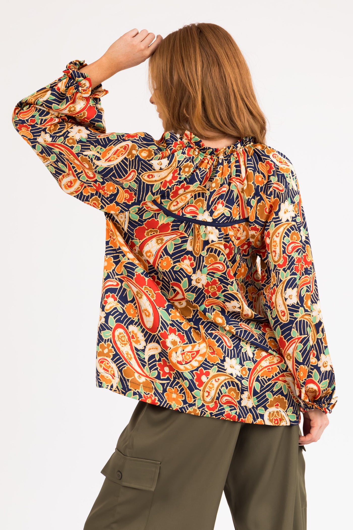 Navy Floral Paisley Print Button Down Satin Blouse