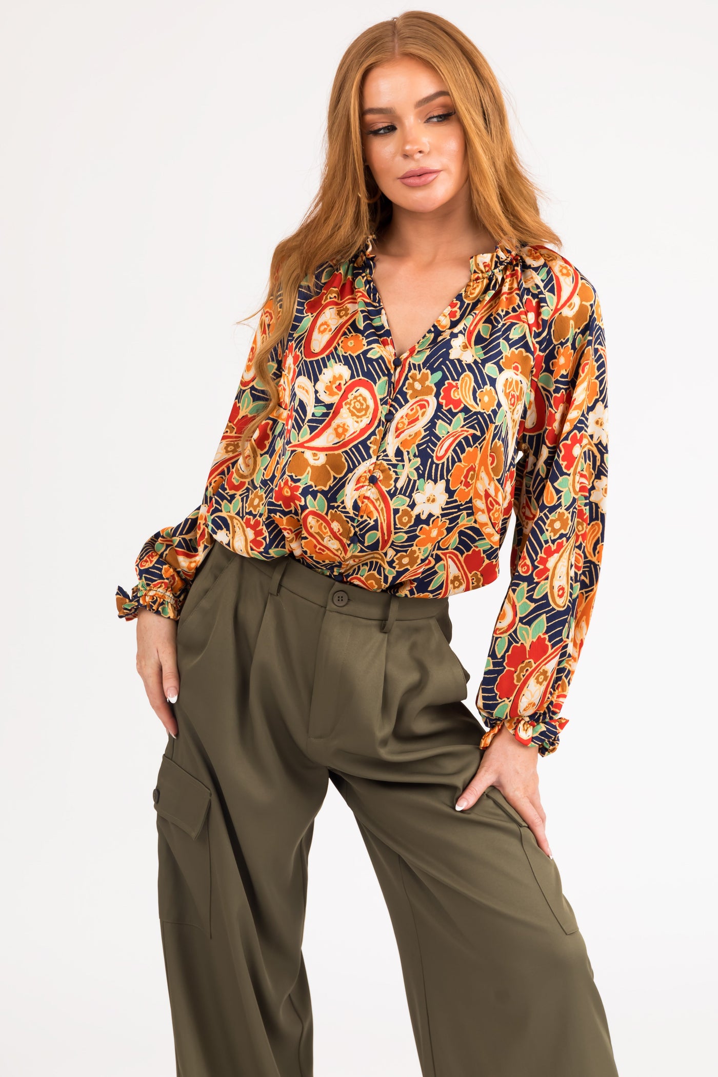 Navy Floral Paisley Print Button Down Satin Blouse