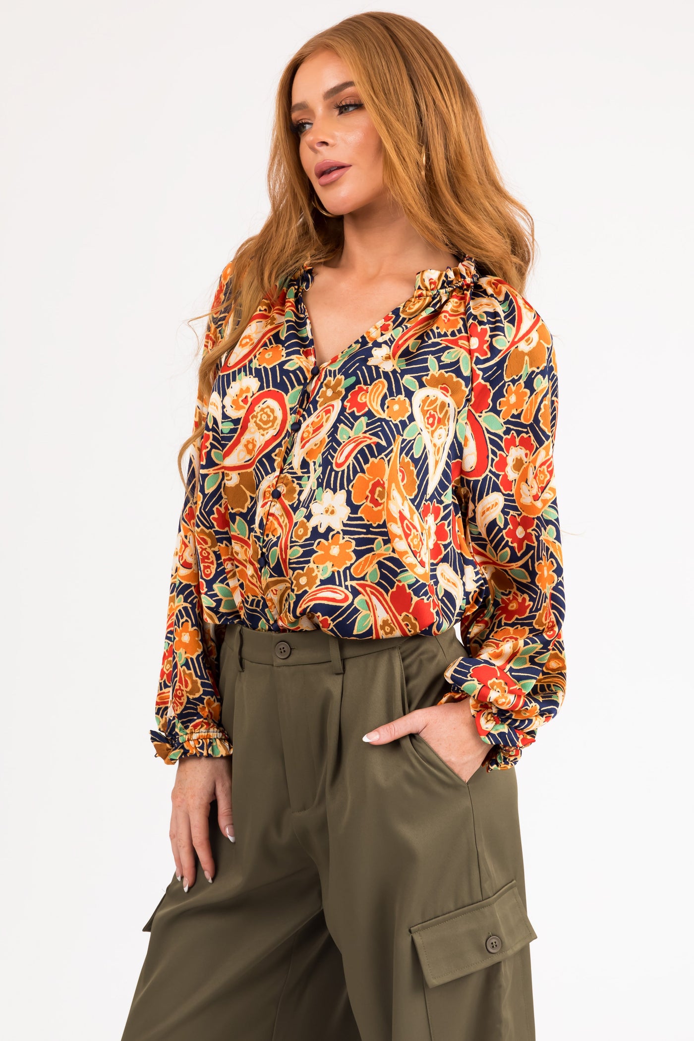 Navy Floral Paisley Print Button Down Satin Blouse