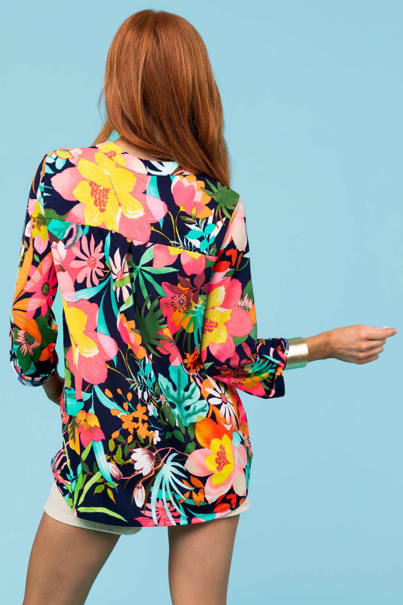 Navy Floral Print 3/4 Sleeve V Neck Knit Top