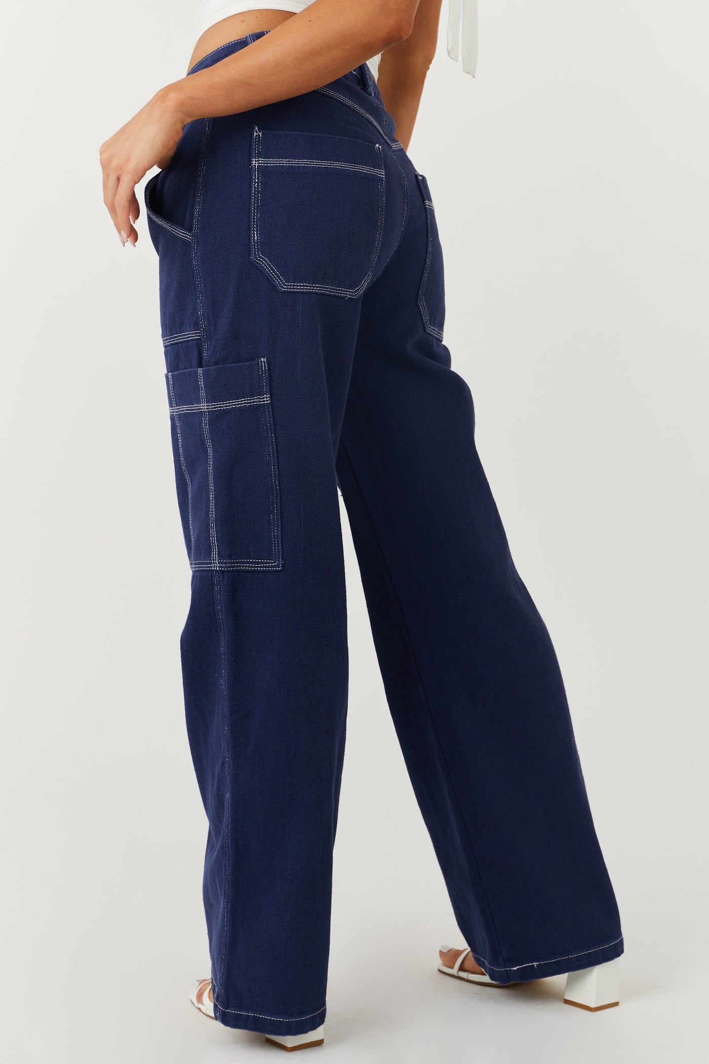 Navy Wide Leg Cargo Pants with White Stitching