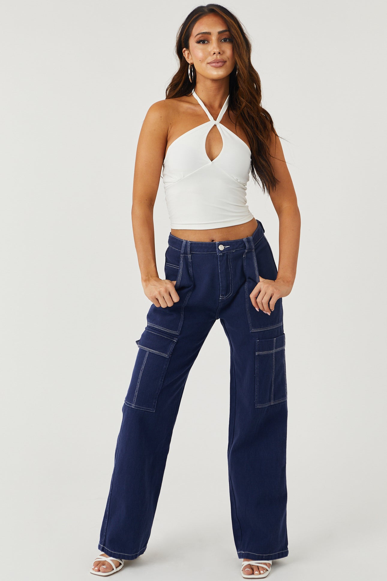 Navy Wide Leg Cargo Pants with White Stitching