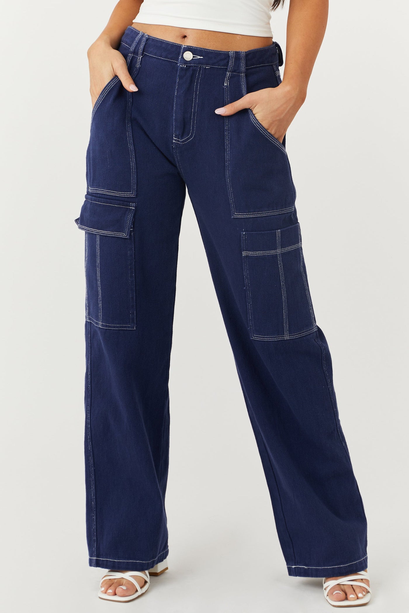 Navy Wide Leg Cargo Pants with White Stitching