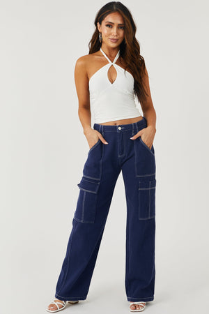 Navy Wide Leg Cargo Pants with White Stitching