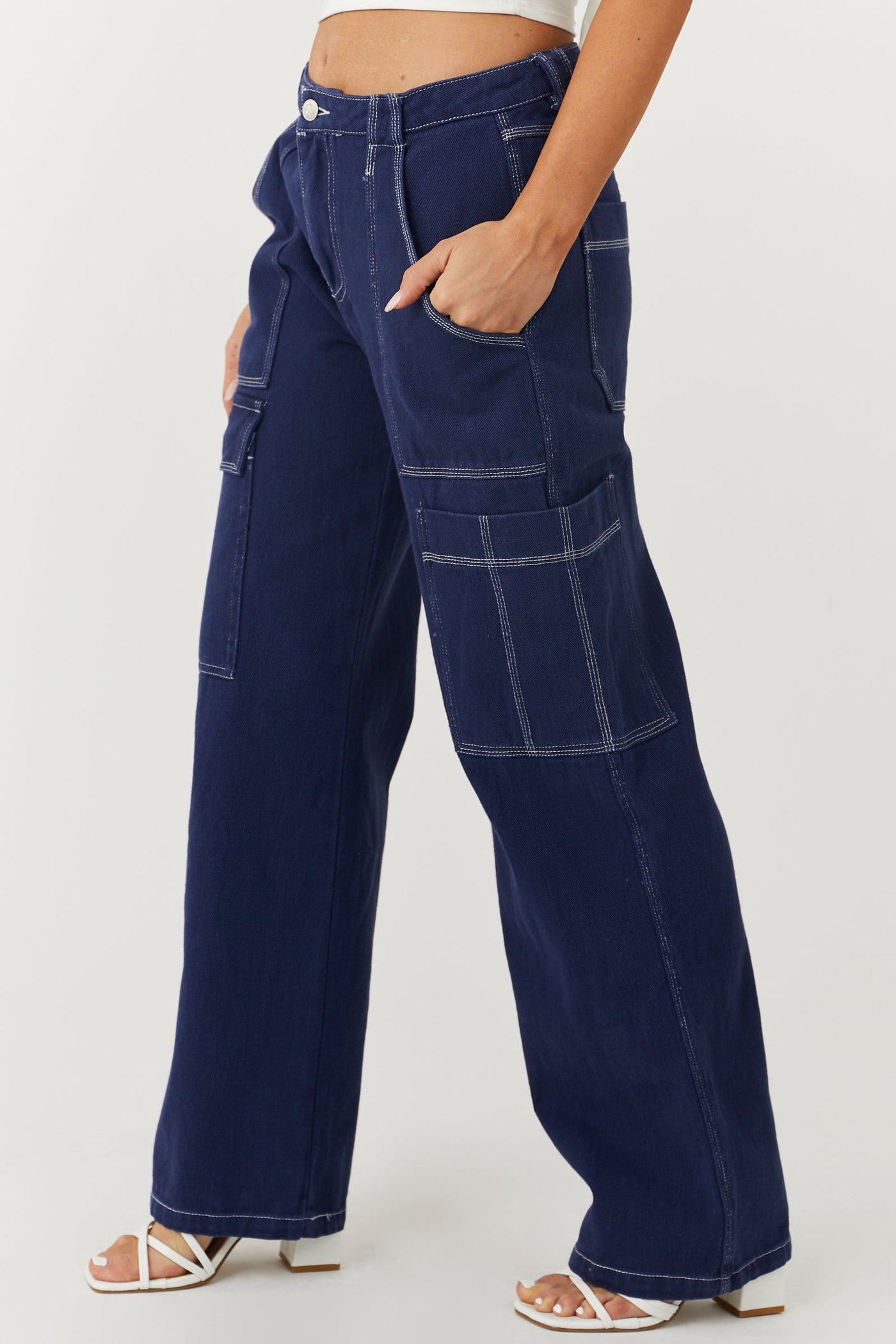 Navy Wide Leg Cargo Pants with White Stitching
