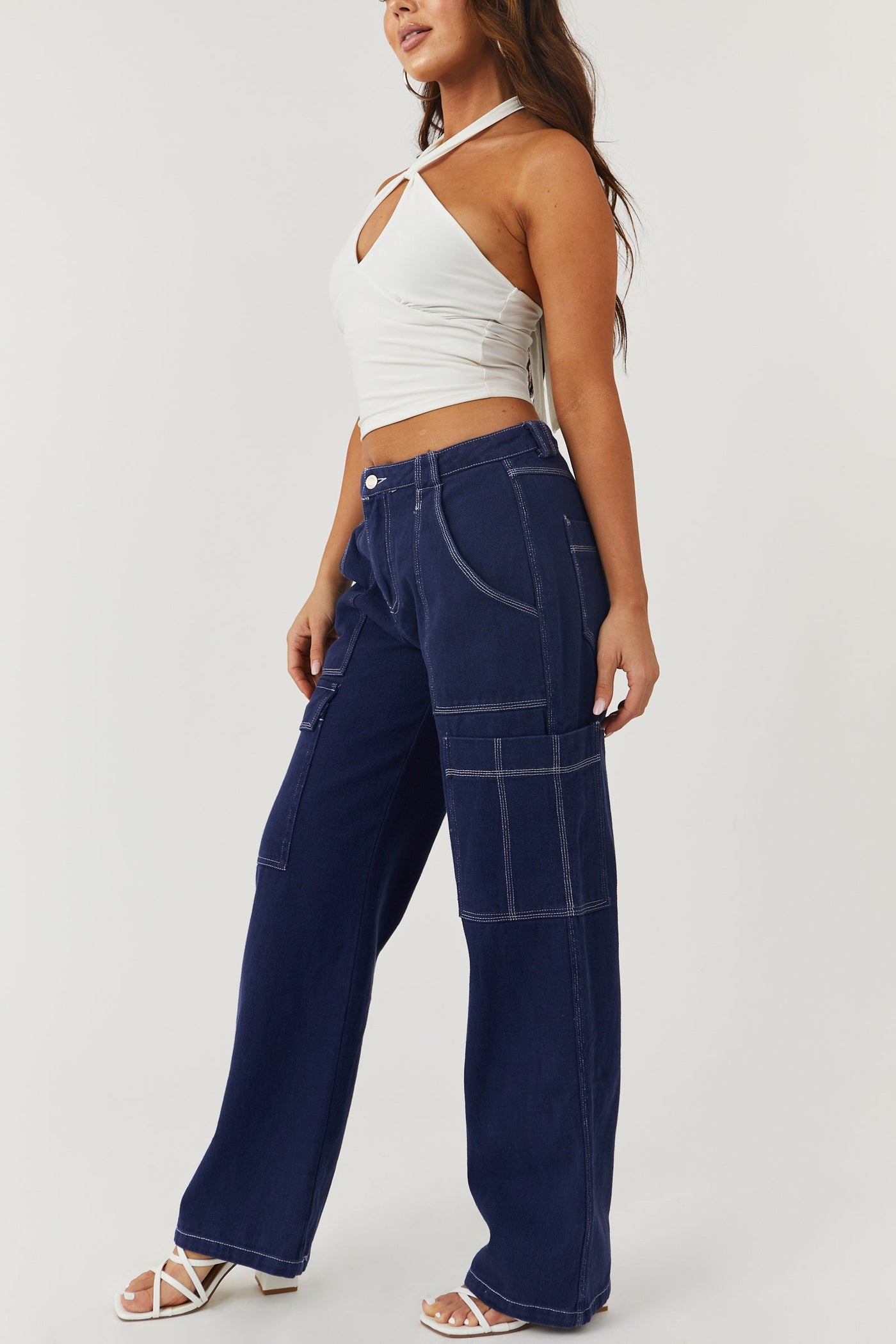 Navy Wide Leg Cargo Pants with White Stitching