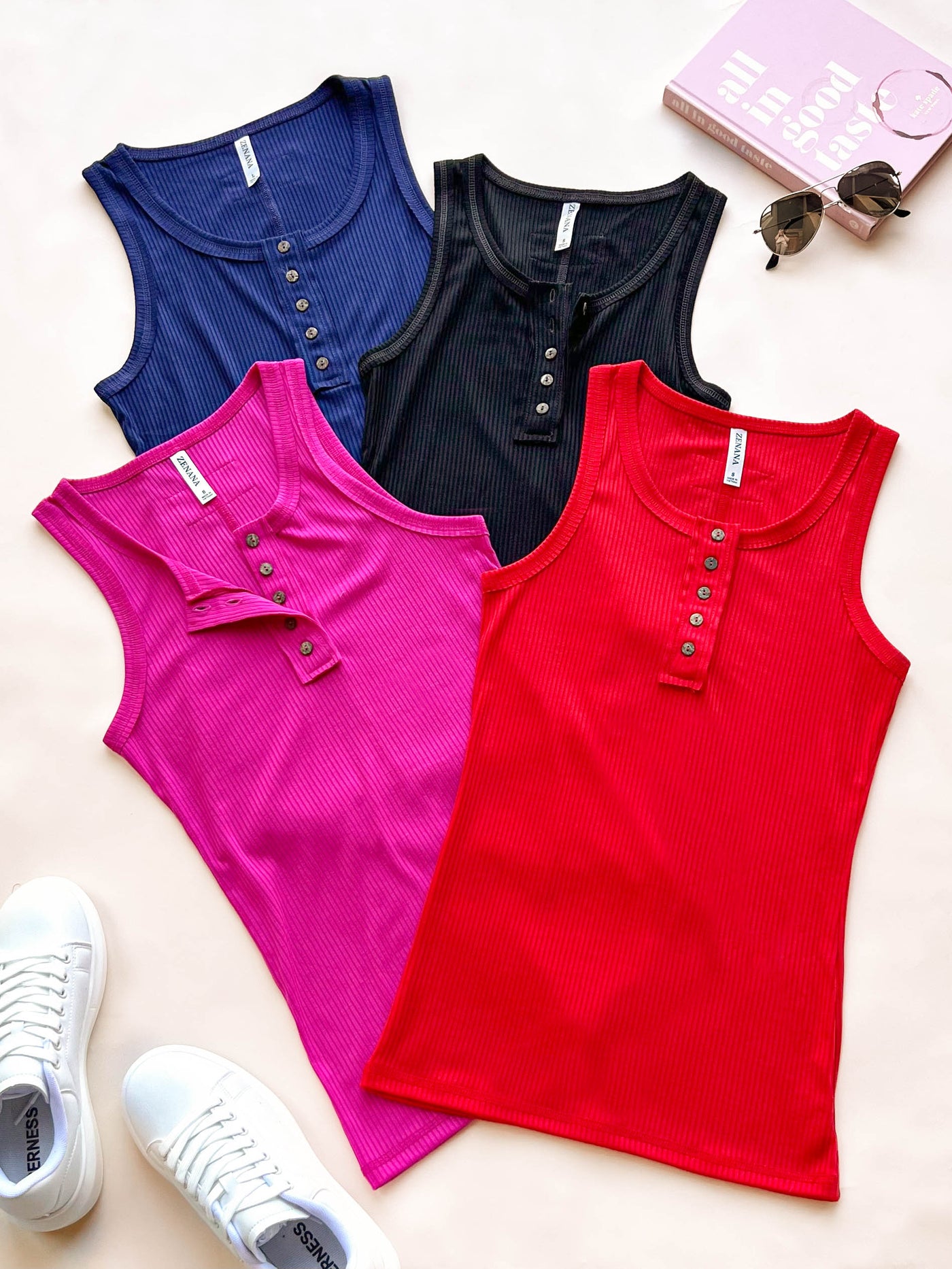 Navy Ribbed Knit Henley Tank Top