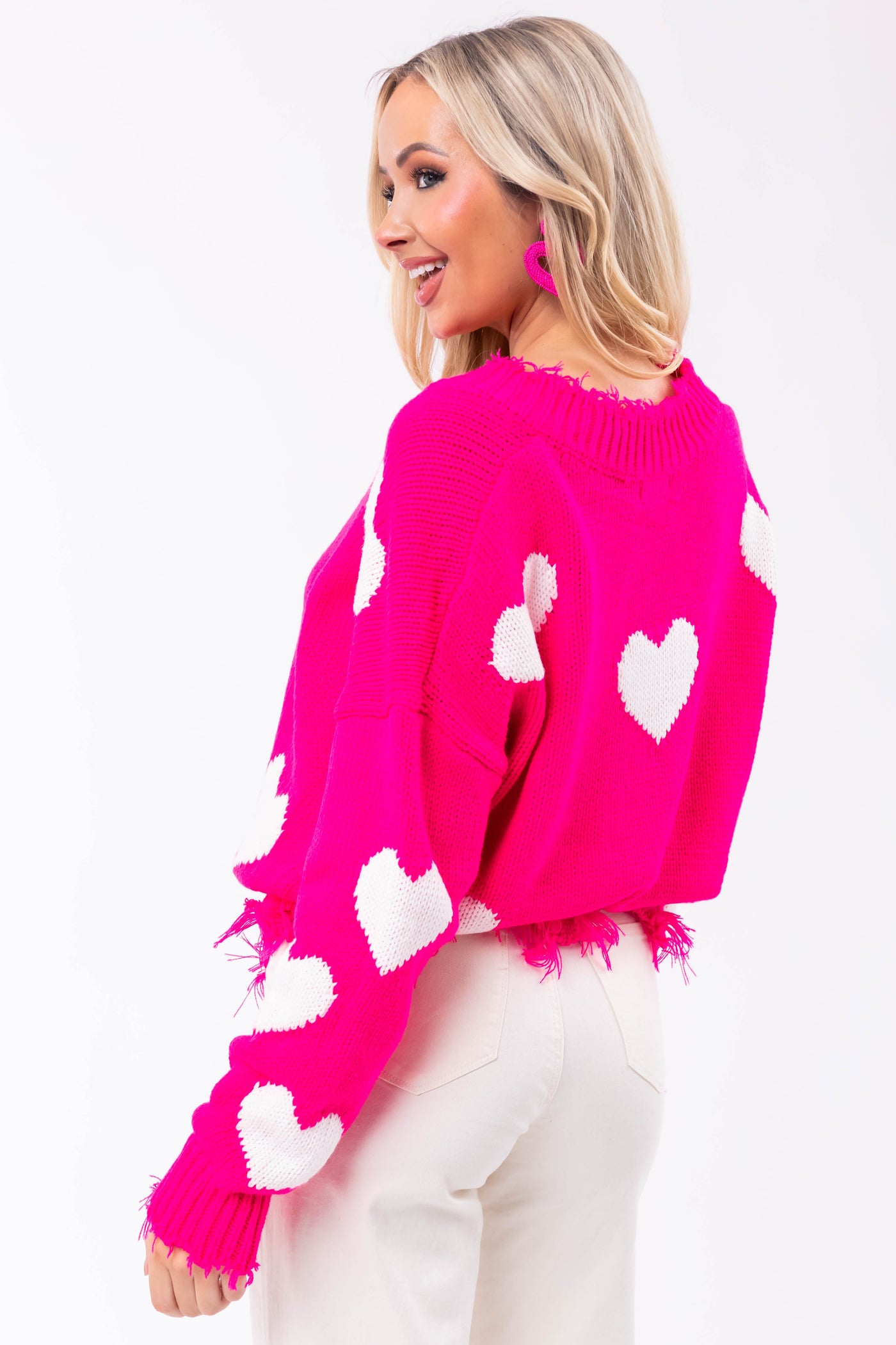 Neon Pink Heart Print Distressed Trim Sweater