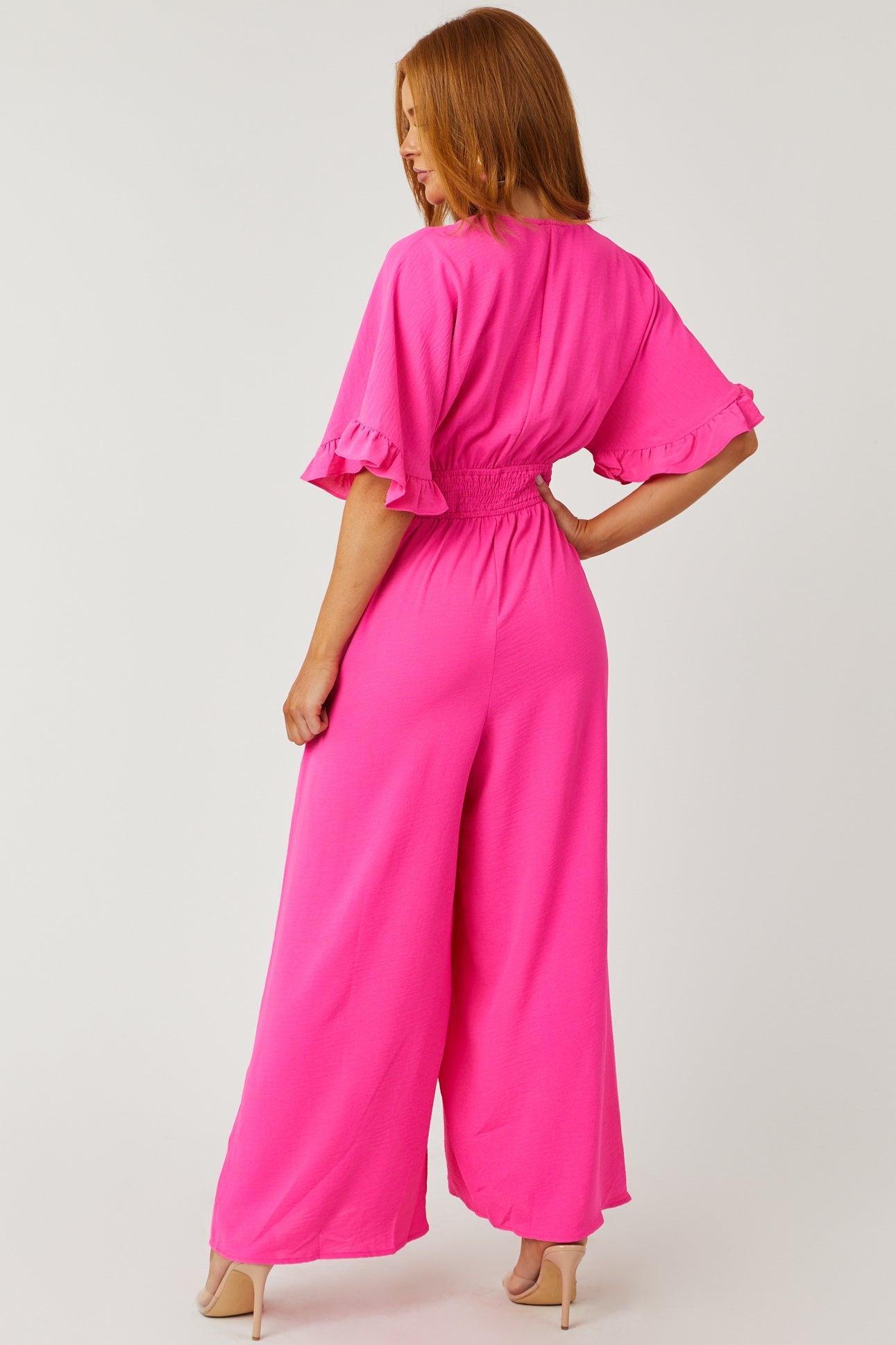 Neon Pink Surplice Bell Sleeve Flowy Jumpsuit