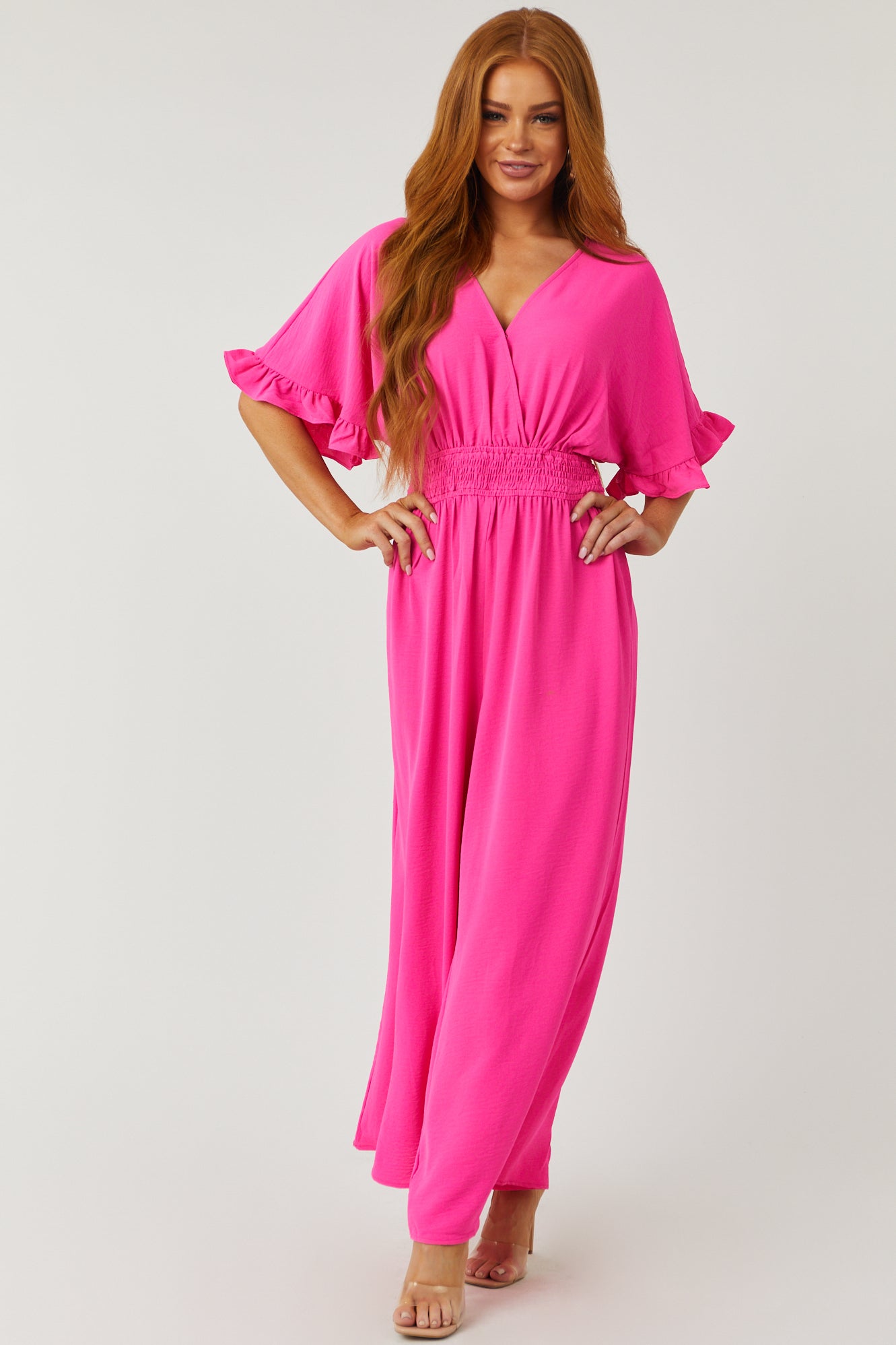 Neon Pink Surplice Bell Sleeve Flowy Jumpsuit