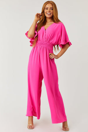 Neon Pink Surplice Bell Sleeve Flowy Jumpsuit