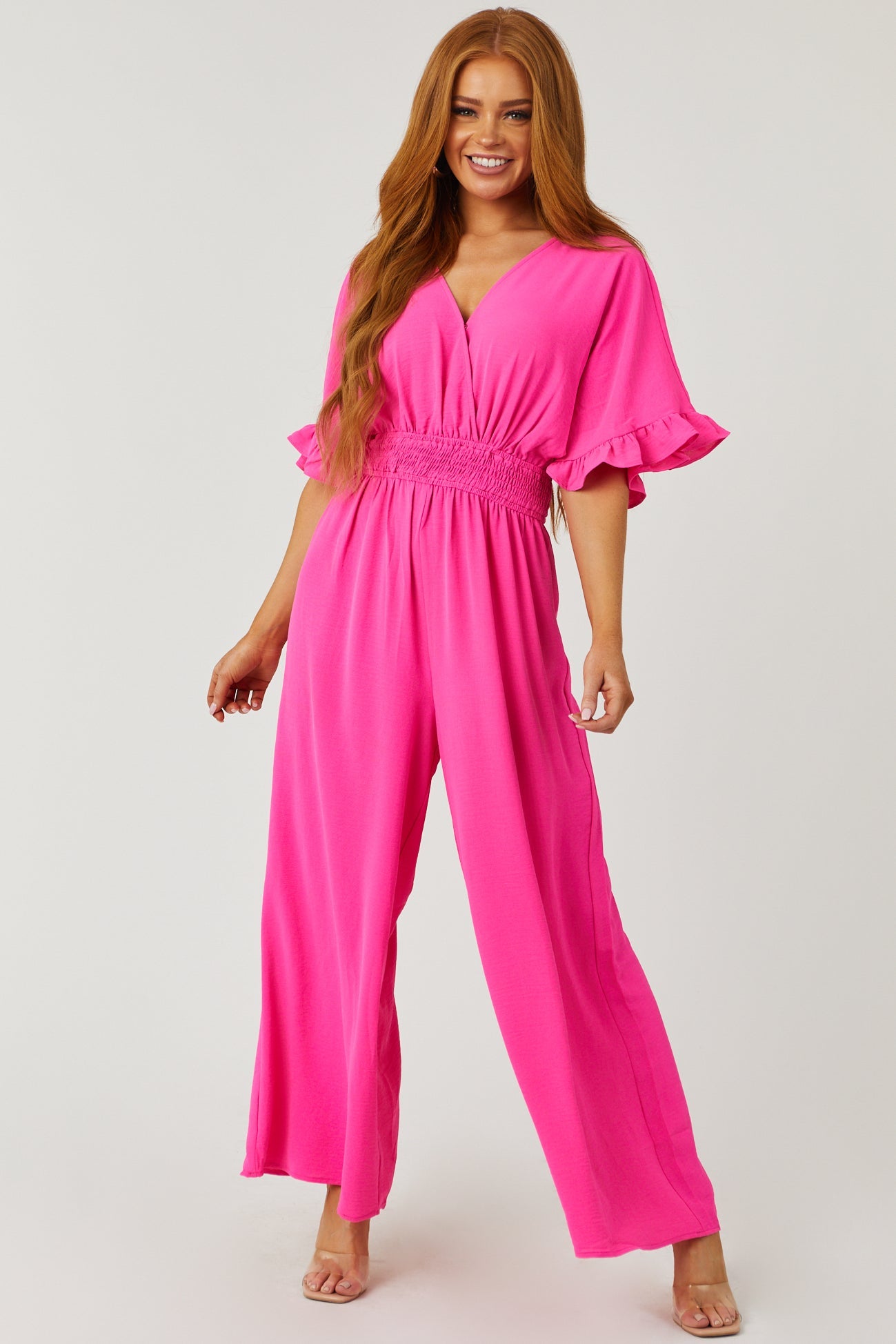 Neon Pink Surplice Bell Sleeve Flowy Jumpsuit