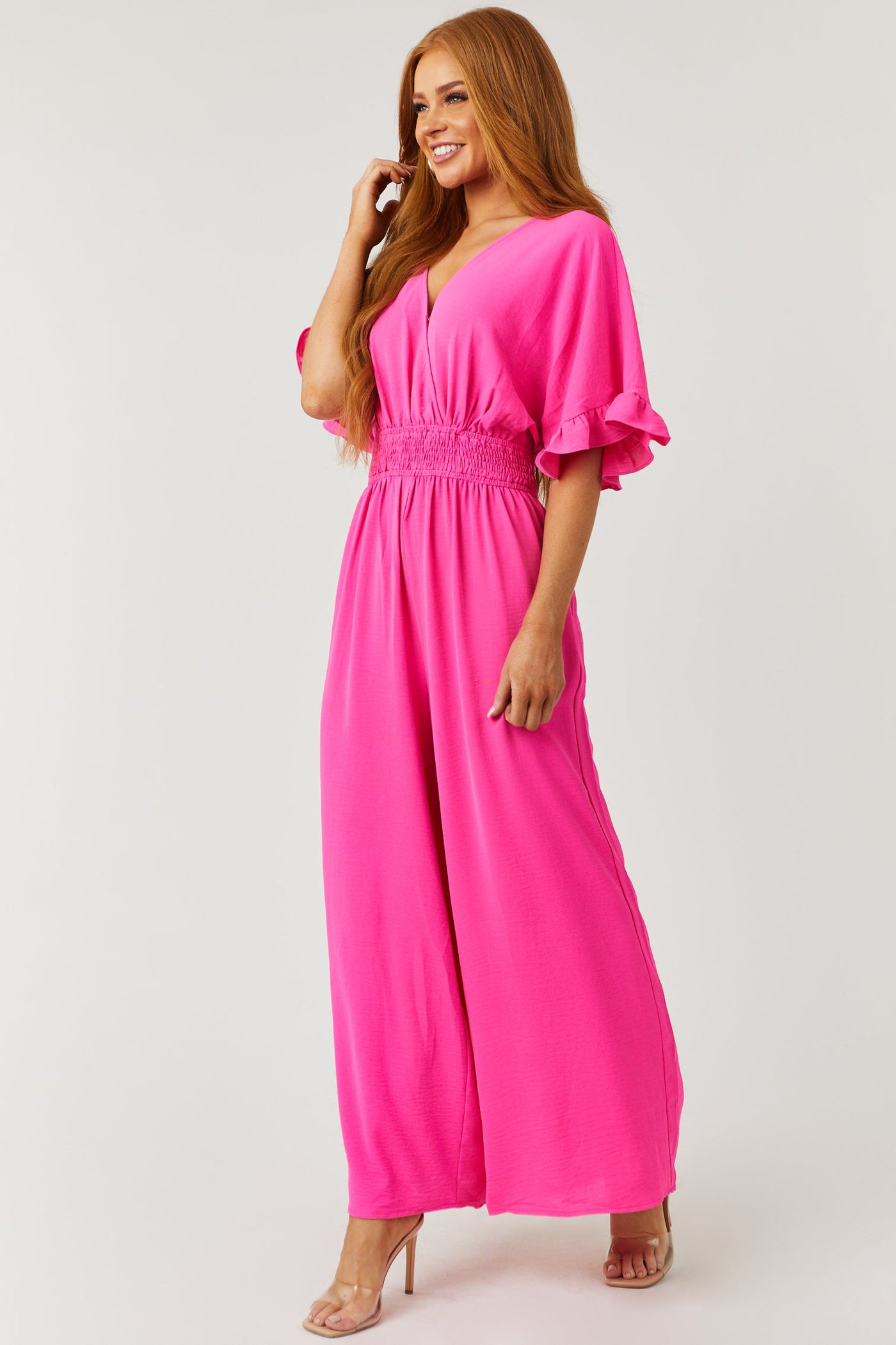 Neon Pink Surplice Bell Sleeve Flowy Jumpsuit