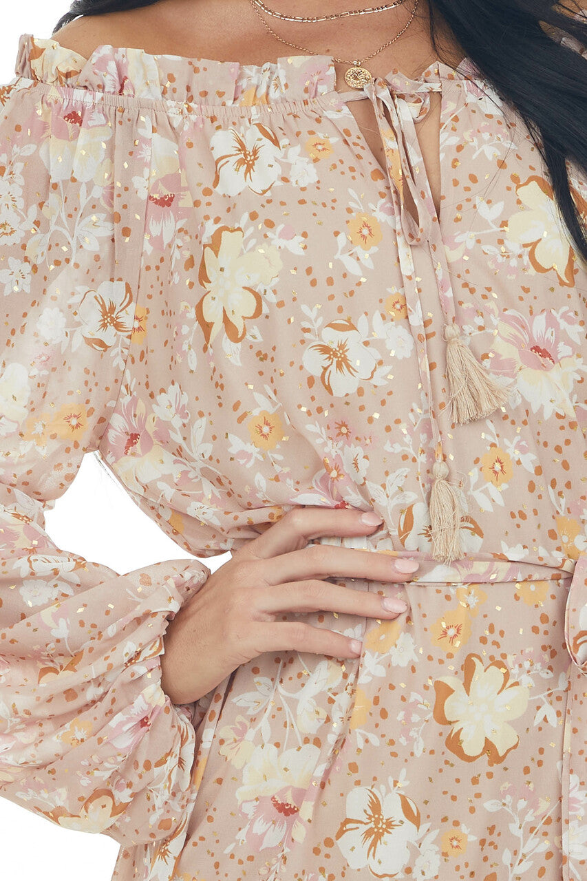 Nude Floral Print Gold Speck Tiered Maxi Dress