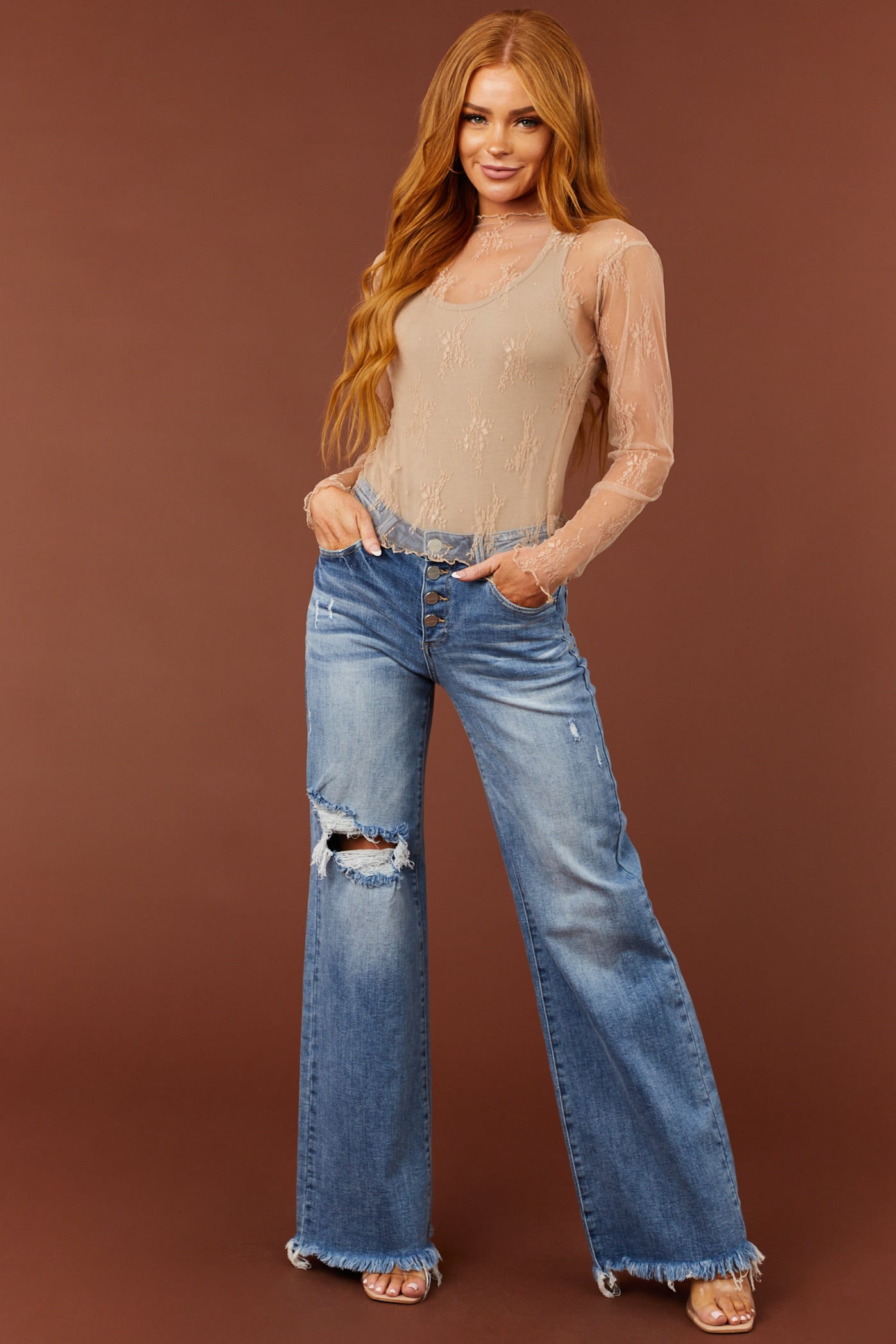 Nude Floral Sheer Lace Mesh Long Sleeve Top