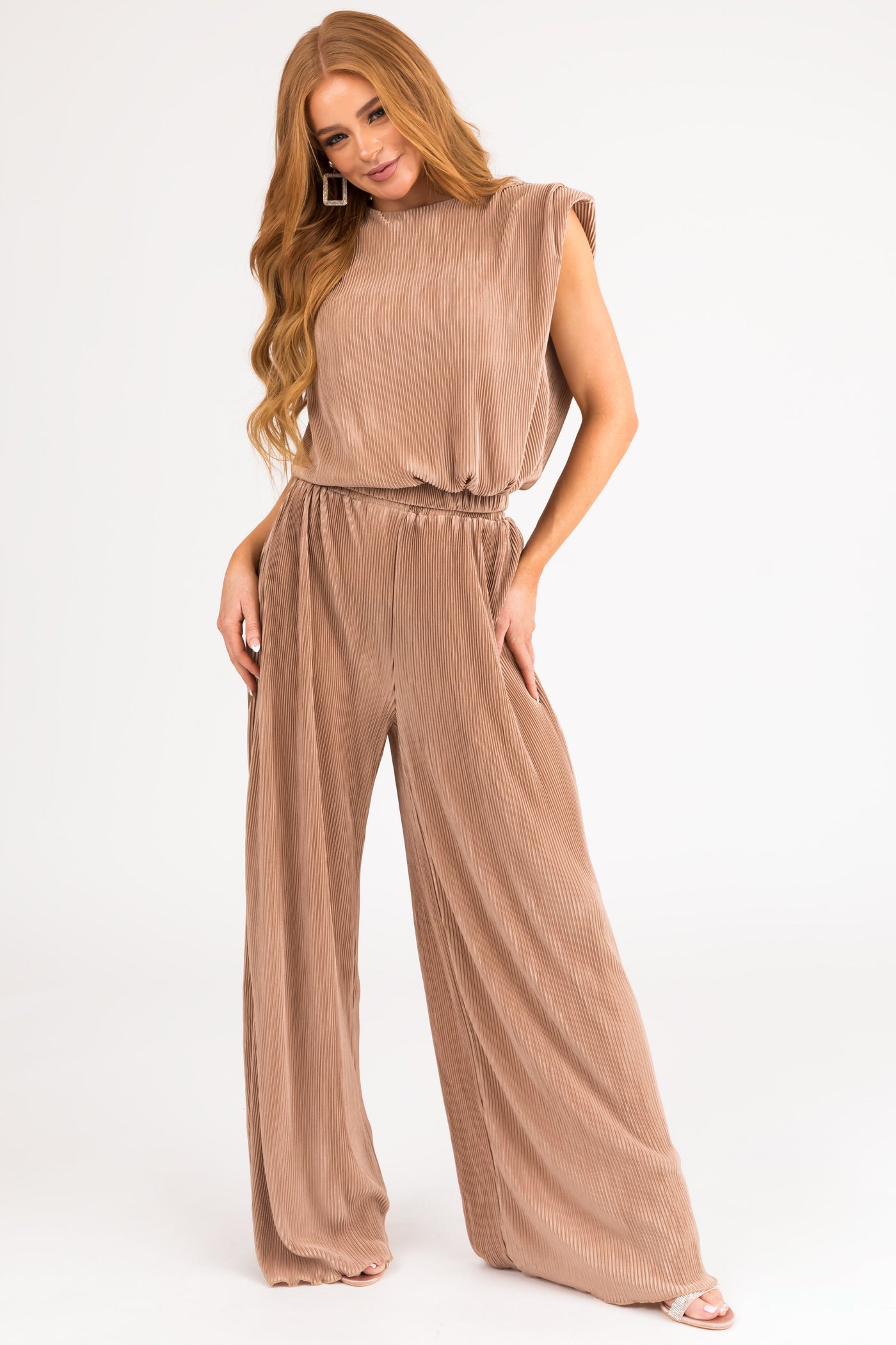 Nude Plisse Round Neck Top with Keyhole Back