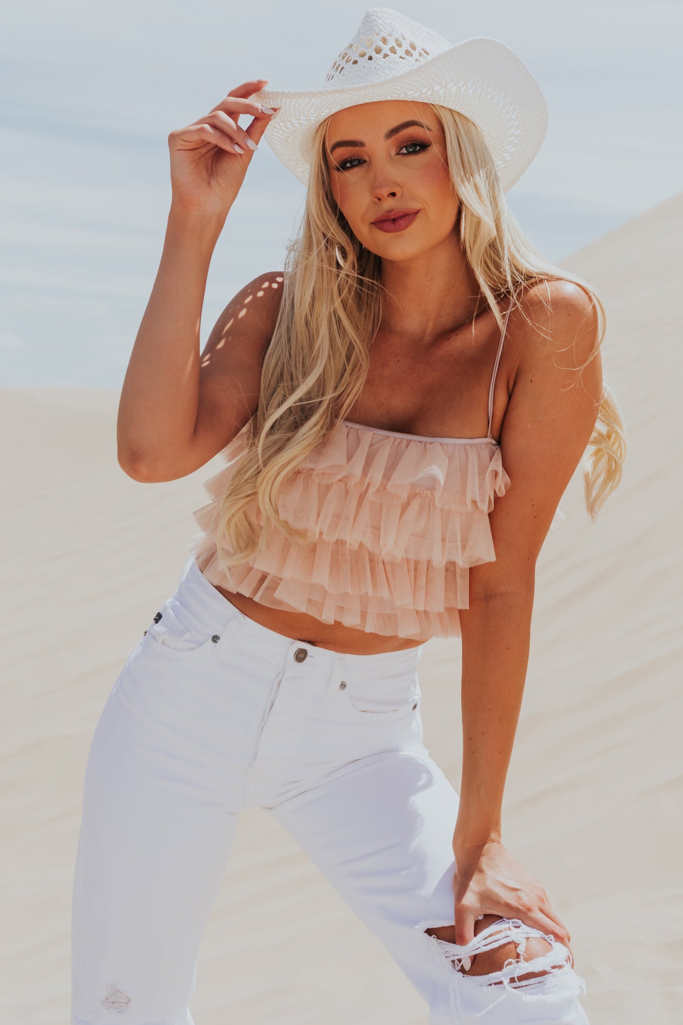 Nude Ruffle Tulle Spaghetti Strap Corset Top