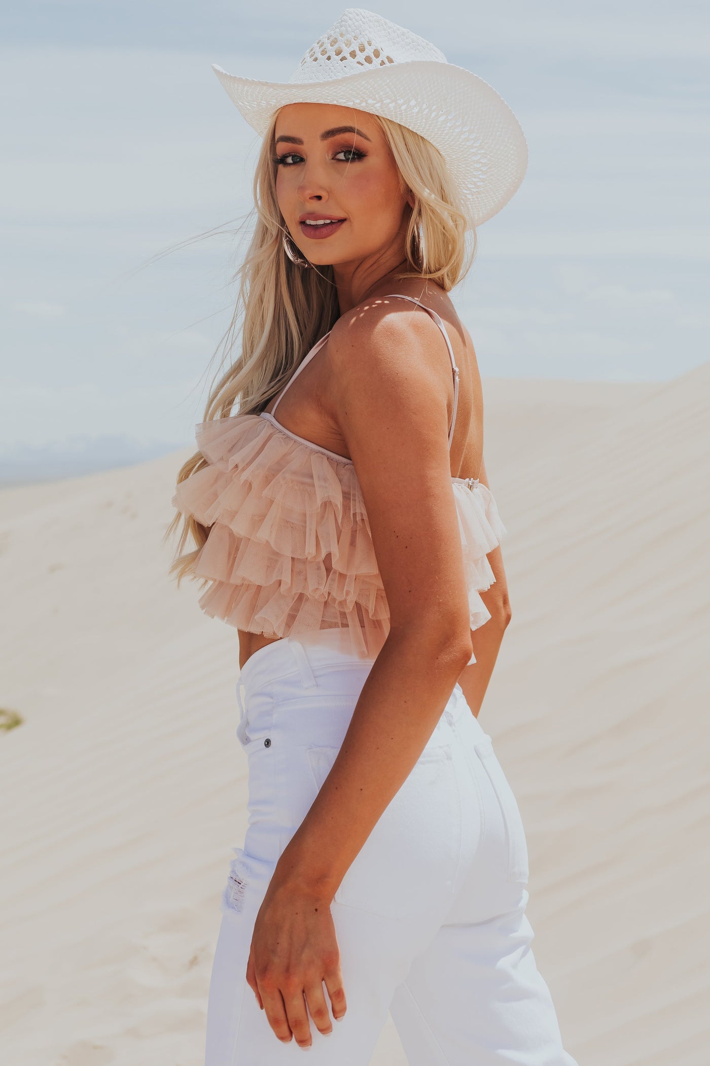 Nude Ruffle Tulle Spaghetti Strap Corset Top