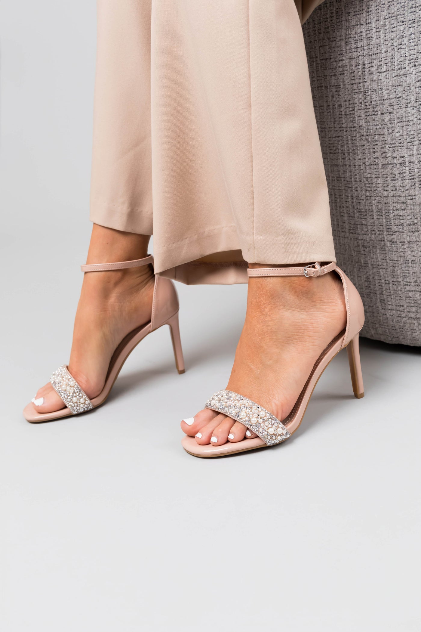 Nude Pearl and Rhinestone Embellished Strap Heels