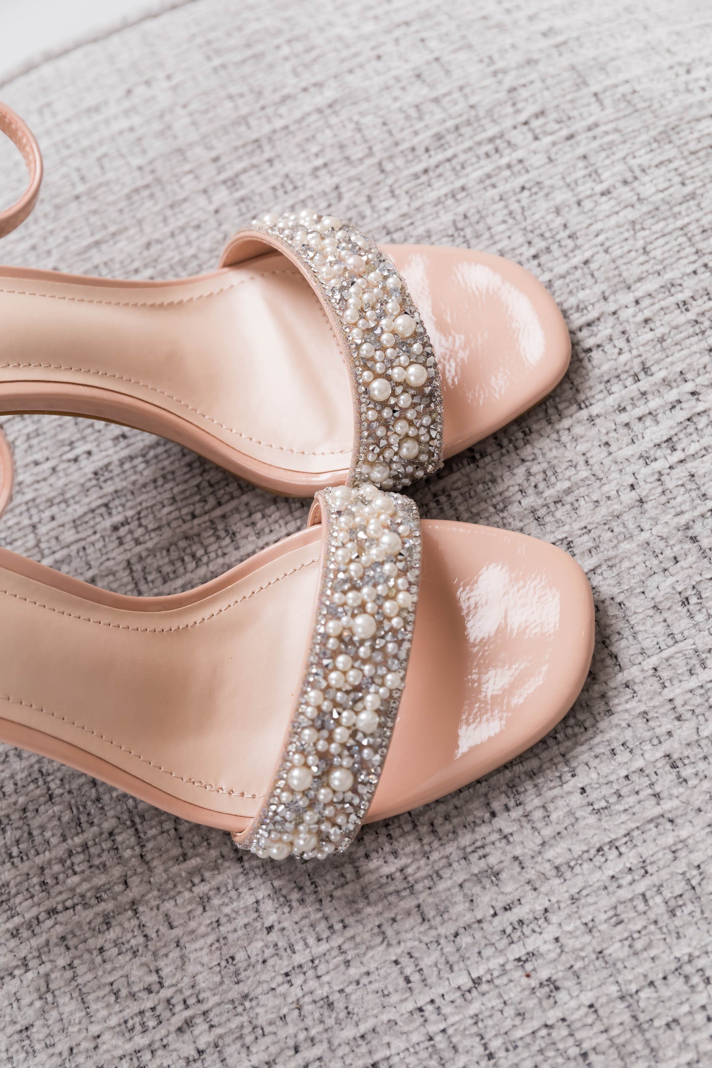 Nude Pearl and Rhinestone Embellished Strap Heels
