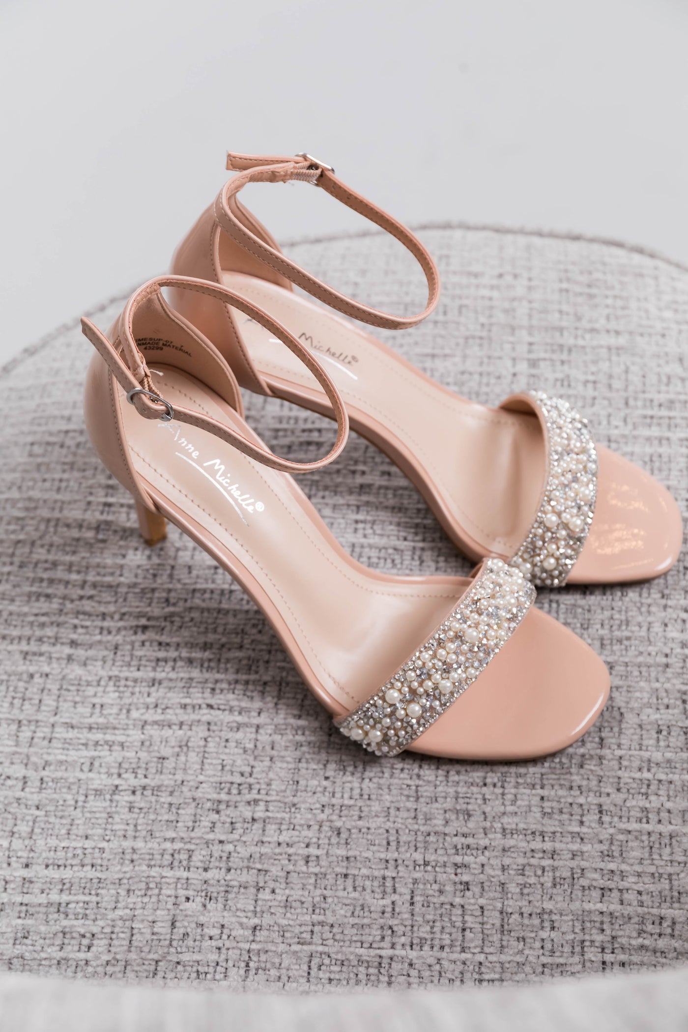 Nude Pearl and Rhinestone Embellished Strap Heels