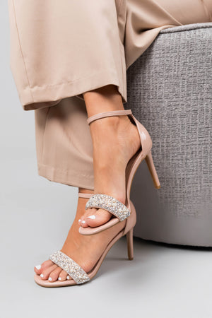 Nude Pearl and Rhinestone Embellished Strap Heels