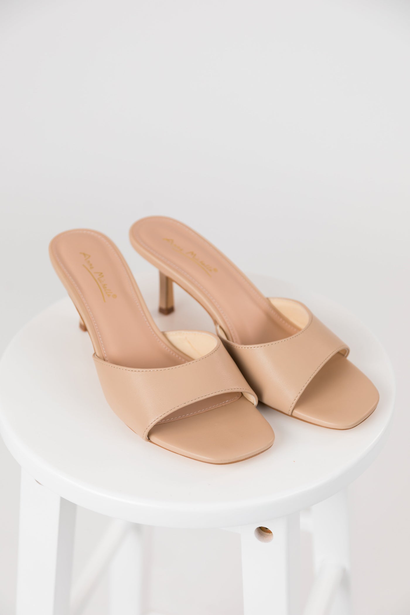 Nude Pleather Open Toe Slip On Low Heels