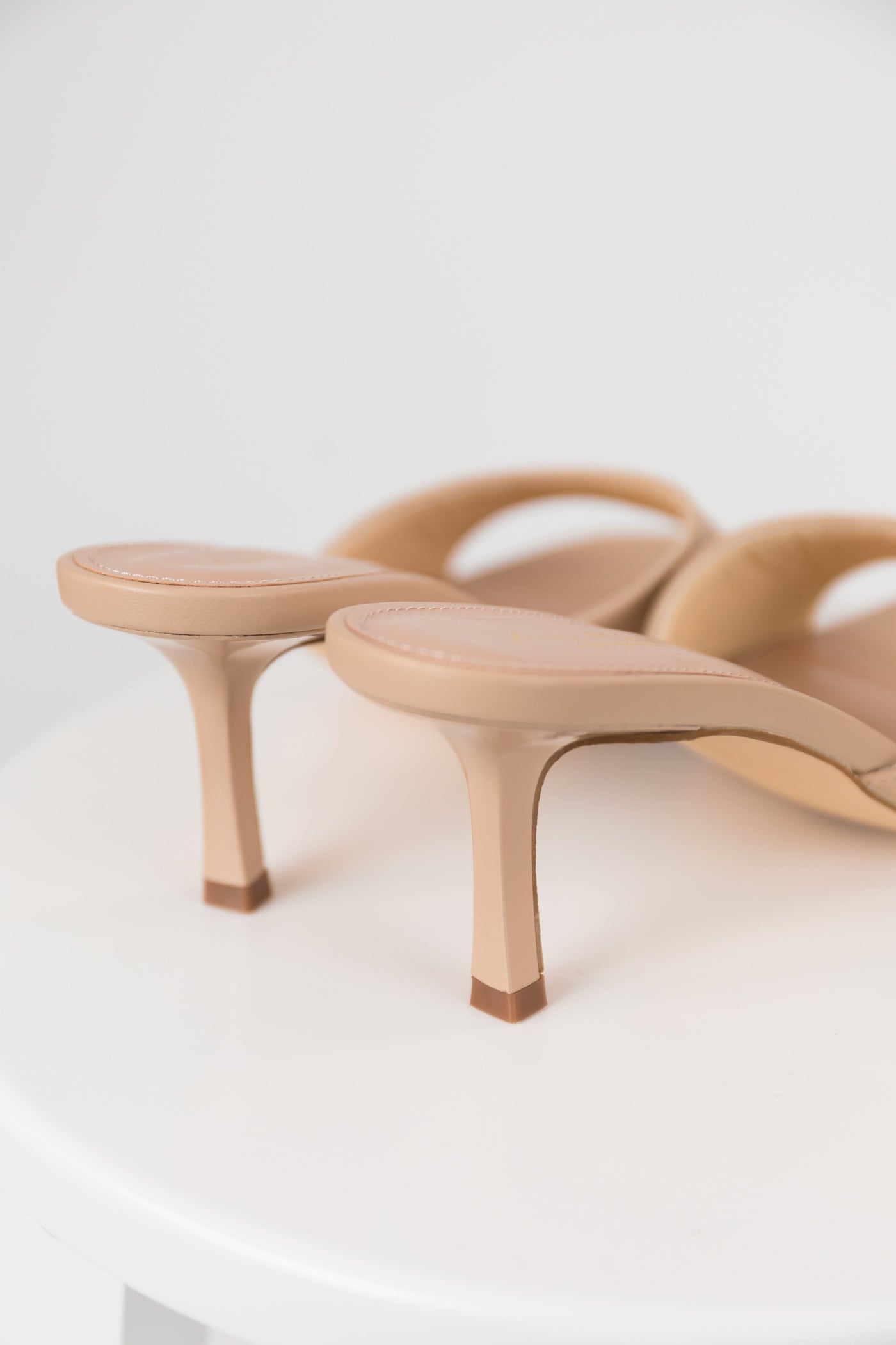 Nude Pleather Open Toe Slip On Low Heels